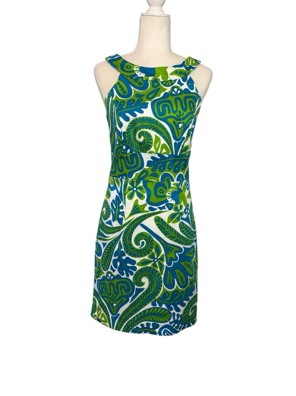 Skirtin Around blue/green paisley yoke neck sleeveless cotton sheath dress - 10